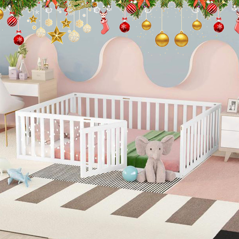 Harriet Bee Floor Bed Frame With Safety Fence And Door Wood Montessori Floor Bed Frame For Kids Boys Girls Toddler Bed Frame For Bedroom Playroom Wayfair